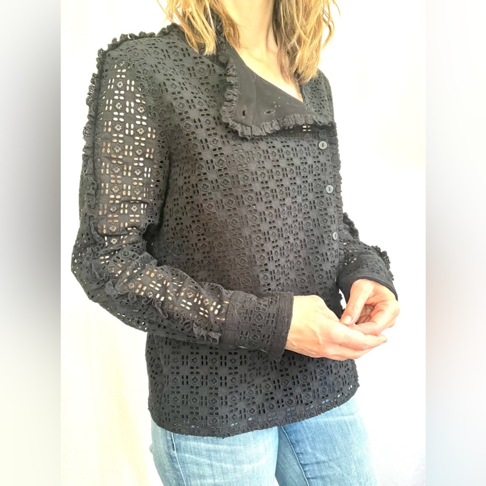 Paul & Joe black eyelet ruffle mock neck button down long sleeve blouse size 1